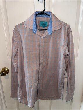 Classic Men's Dress Shirt in Light Blue & Orange Check